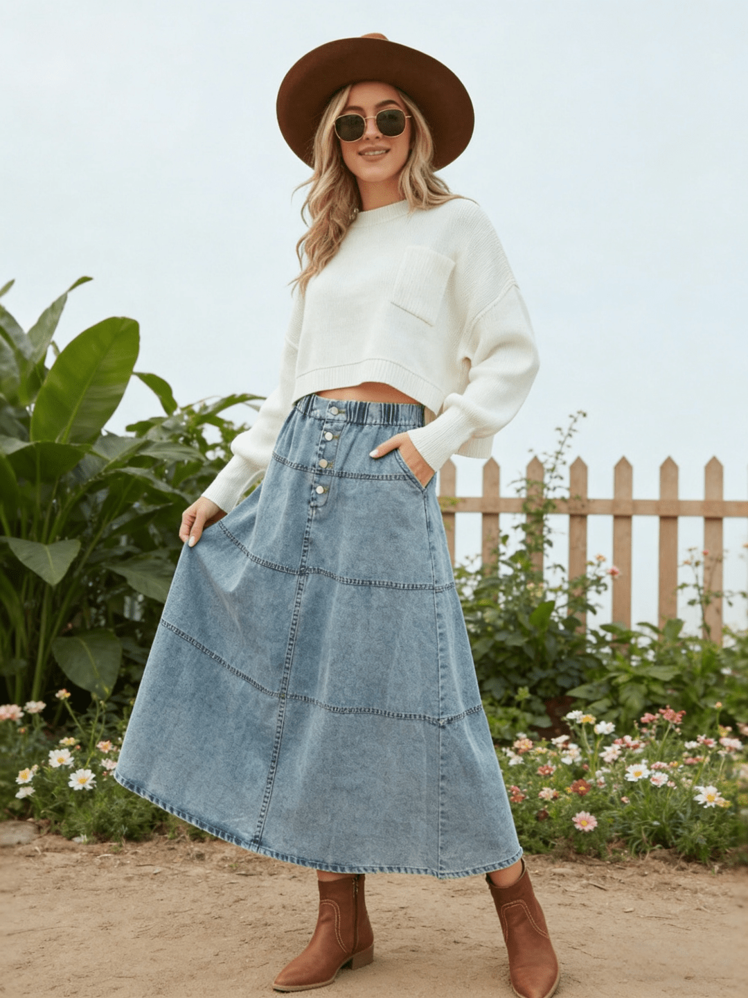 波西米亚风A字牛仔裙，复古层叠拼接高腰显瘦长款牛仔裙，春季休闲款 - 藍色 - 查看 2