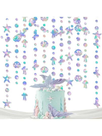 157inch Iridescent Mermaid Garland With Jellyfish Seashell Starfish Faux Pearl Holographic Paper Streamer For Rainbow Theme Birthday Bachelorette Shower Under The Sea Party Decorations, Back To School Valentine Day
