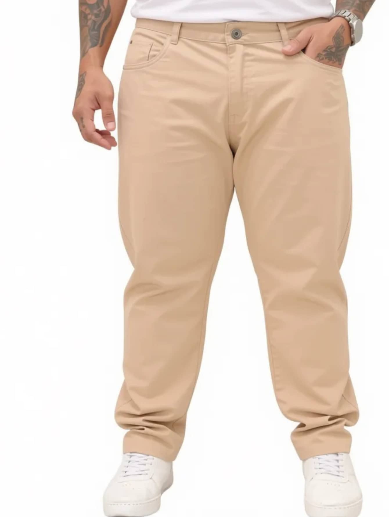 Men's Plus Size Beige Straight Leg Comfortable Twill Pants - 米色 - 查看 1