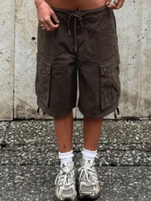 Cargo Shorts For Women Elastic Waist Knee Length  Shorts Summer Outdoor Waterproof Hiking Pants With Pockets - 棕色 - 查看 4