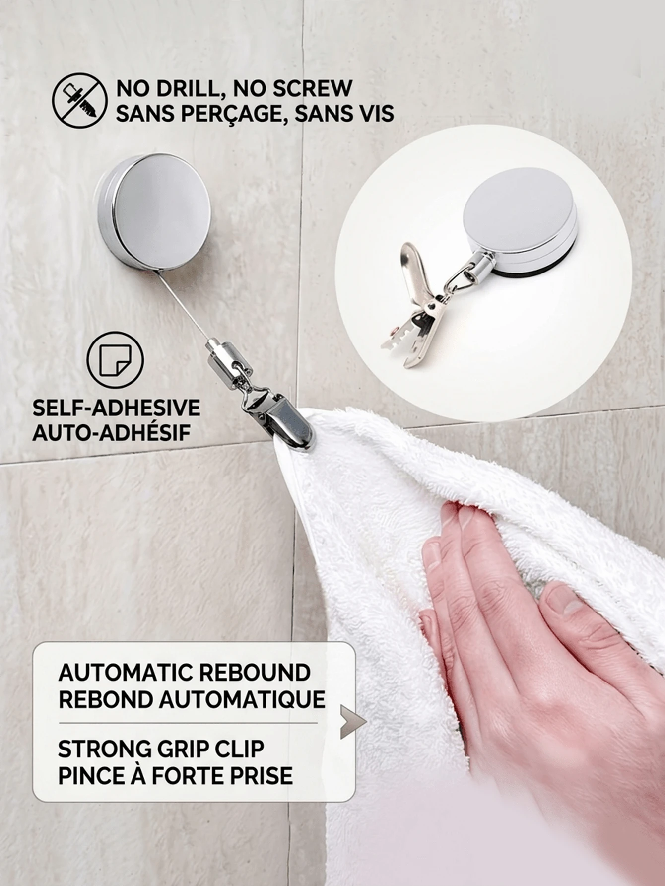 2pcs Automatic Retractable Towel Rack - No-Drill Wall Mounted Towel Holder With Strong Tension Clips, Self-Adhesive Space-Saving Hanging Organizer For Bathroom & Kitchen, Home & Hotel Use