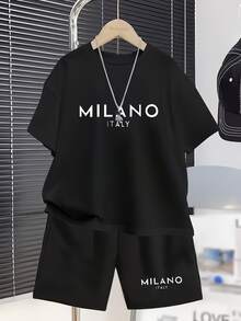 Boys' MILANO Pattern Casual Summer Short Sleeve Outfit, Fashionable Sports T-Shirt And Pants Set For Summer,Perfect For Outdoor - Black - View 1