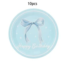 10个/40个/80个装 9英寸和7英寸白色和蓝色蝴蝶结生日纸盘，白色和浅蓝色“生日快乐”纸盘，饰有可爱的蝴蝶结和星星图案，一次性派对餐盘，适用于一周岁生日、迎婴派对、生日派对、主题派对、下午茶派对，男女皆宜。 - 多色 - 查看 7