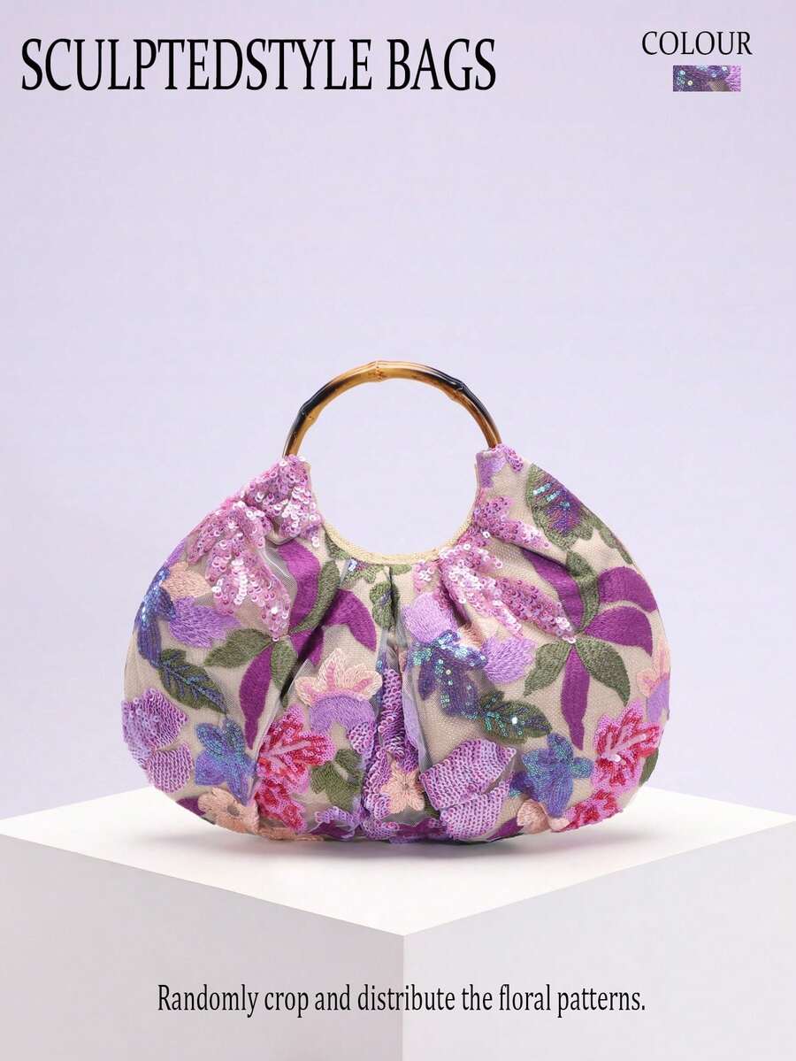 1个彩色PVC亮片花朵褶皱云朵装饰亚麻底网纱刺绣扇形复古竹柄手提包，时尚夏季度假风女士手提包（花朵图案随机） - 紫色 - 查看 1
