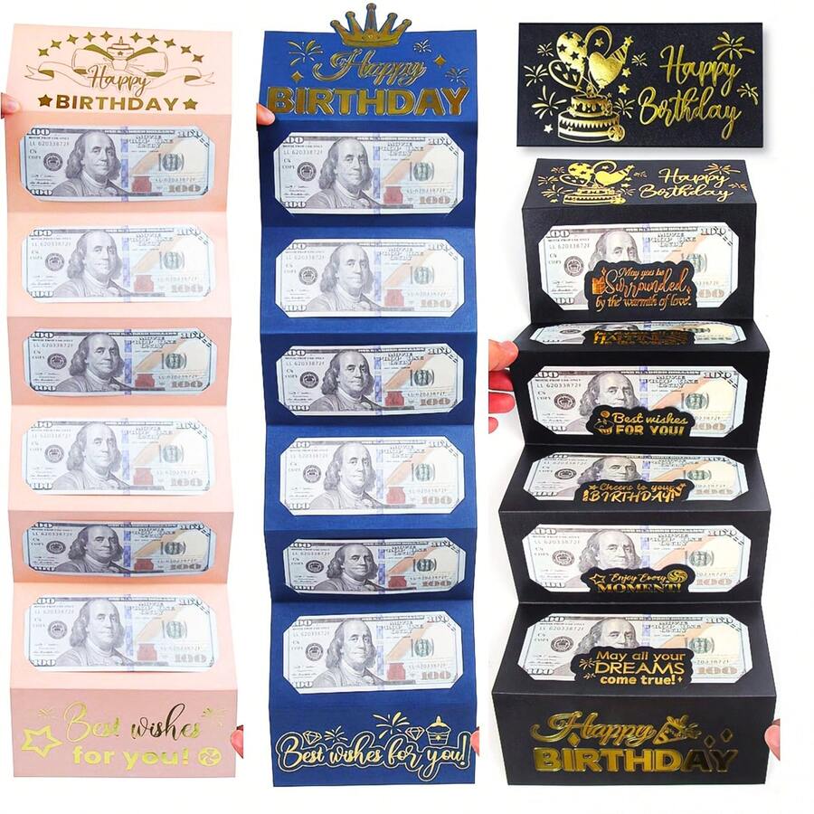 1/2个黑色和金色生日现金信封礼品卡,惊喜现金信封,粉色和金色生日礼品卡,蓝色和金色钱包卡,优雅金箔现金夹,适用于18岁、21岁、30岁、40岁、50岁生日、周年纪念日、父亲节惊喜 - 現金賀卡 - 查看 1