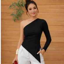 Women's One-Sleeve Blouse With Asymmetrical Ribbed Sleeves - Black - View 1