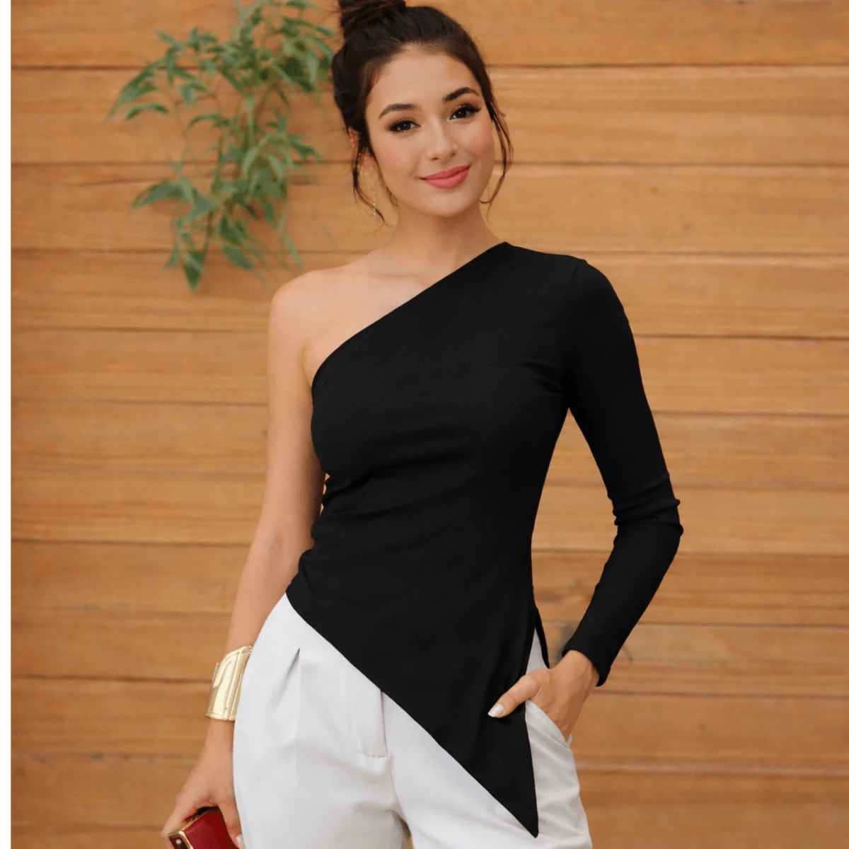 Women's One-Sleeve Blouse With Asymmetrical Ribbed Sleeves - Black - View 1