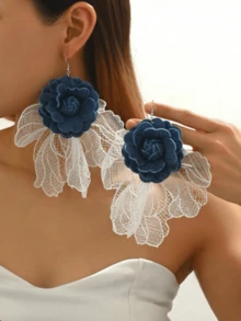 1 Đôi bông tai dài, kiểu dáng phóng đại, làm từ ren 3D và họa tiết hoa bằng vải denim dành cho nữ - Nhiều màu - Xem 1
