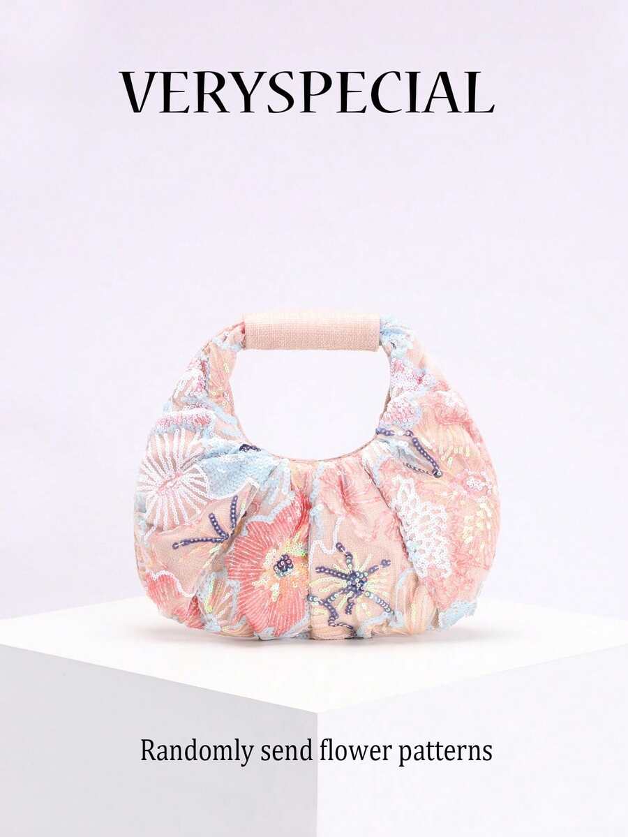 1pc Colorful Sequin Contrast Mesh Floral Embroidery Cloud Design Pleated Niche Linen Tote Bag, Fashion Summer Beach Vacation Style Handbag (Floral Pattern Randomly Sent)