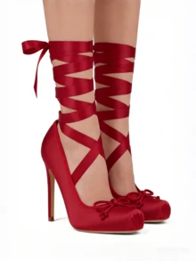 Women's Ballet High Heels Square Toe Mary Janes Lace Up Heels Elegant Ballerina Stiletto Heels Bow Decoration Wedding Party Dancing Shoes - 紅色 - 查看 8