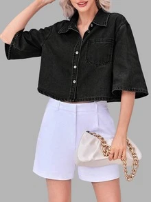 Women's Summer Lightweight Half Sleeve Button Down Crop Denim Shirt With Pocket Short Jean Jacket Casual Going Out Everyday Essential - màu đen - Xem 2