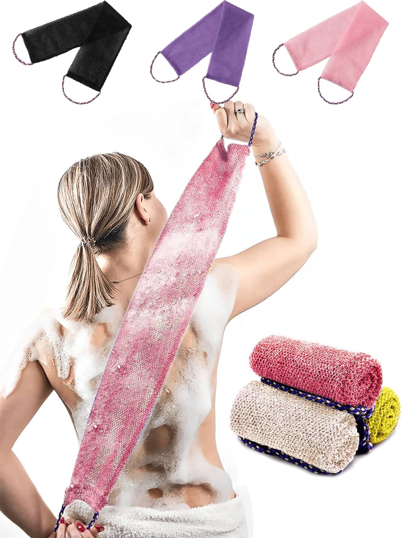 1 pieza/2 piezas Juego de toallas de baño exfoliantes de malla africana, con esponja de malla con asa, diseño de doble cara, exfoliación suave/gruesa, cepillo corporal efectivo, material de malla premium, diseño de amarre conveniente, toalla de baño tipo esponja, deja la piel suave, apto para uso diario