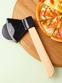 1pc Stainless Steel Axe Shaped Pizza Cutter With Bamboo And Wood Handle, Creative Round Pie Knife - Multicolor - View 6