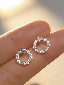 1 Đôi bông tai bạc S925 hình tròn đính đá Zirconia tổng hợp, trang sức thanh lịch và sang trọng để đeo hàng ngày dành cho nữ. - Bạc - Xem 1