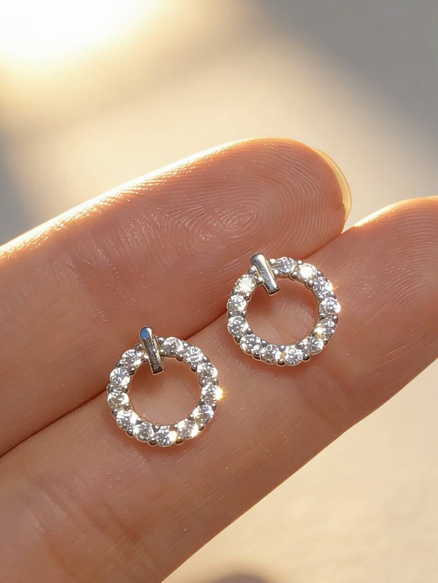 1 Đôi bông tai bạc S925 hình tròn đính đá Zirconia tổng hợp, trang sức thanh lịch và sang trọng để đeo hàng ngày dành cho nữ. - Bạc - Xem 1