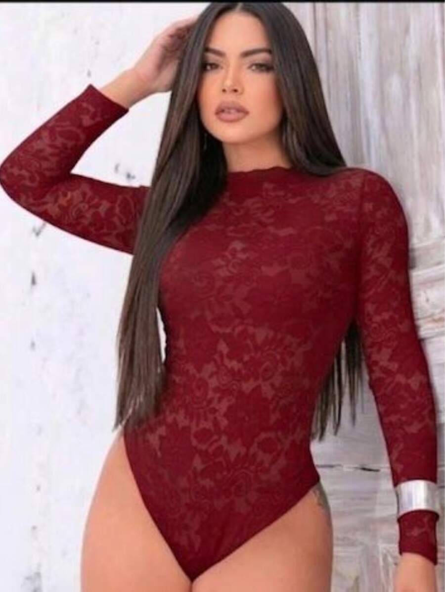 Transparent Lace Shaping Bodysuit With Long Sleeves In Floral Print - Modern Women's Fashion - Màu Đỏ Sâu - Xem 1