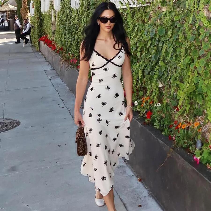 女士优雅简约商务休闲性感日常约会派对蕾丝边饰蜜桃色花卉印花露背连衣裙，不对称下摆，夏季 - 杏色 - 查看 1