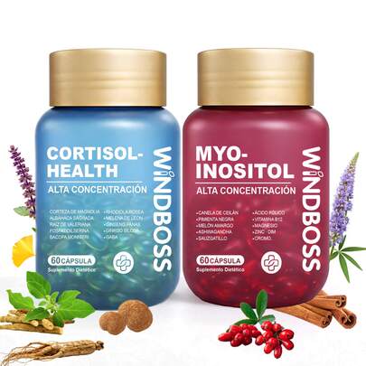 Windboss Fórmula Doble Cortisol & Myo-Inositol | Cápsulas Blandas para Equilibrio Diario, Energía y Bienestar Mental | Para Mujeres y Hombres | 90+60 Softgels