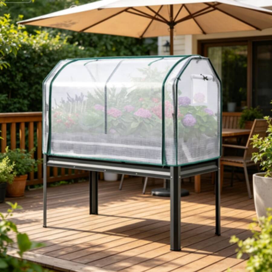 Aiuola rialzata in metallo laccato, 120x60x140 cm, nera, con piccola serra in PE e telo protettivo, aiuola rialzata per giardino e balcone. - nero - Visualizzare 1