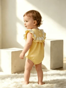 1pc Baby Girls' Summer Fashion Cute Ruffle Lace Romper, Woven Soft & Comfortable, Ruffle Sleeves, Button Back Closure, Suitable For Holidays, Parties, And Daily Wear - Yellow - View 5