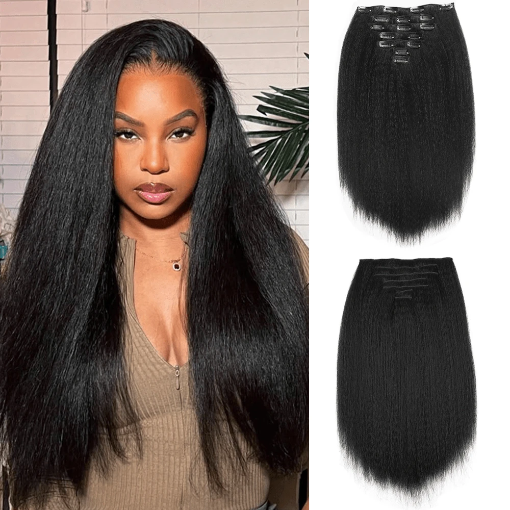 7pcs Fluffy Yaki Straight Hair Clip-In Extensions, Black Hair Pieces, Suitable For Straight Hair Clip-In Extensions 14/18/22/26inch - Black - View 1