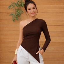 Women's One-Sleeve Blouse With Asymmetrical Ribbed Sleeves - Rust Brown - View 2