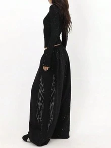 2026夏季水钻亮片哈伦裤，宽松美式街头爵士舞运动裤，黑色 - 黑色 - 查看 2