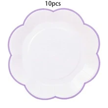 10个/20个/30个装，9英寸和7英寸花卉图案白色纸盘，薰衣草色波浪边，适用于婚礼、新娘送礼会、生日、下午茶会和野餐。 - 白底紫邊 - 查看 7
