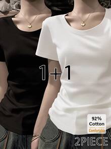 2pcs/Set Kaos Lengan Pendek Hitam + Putih Baru Musim Semi/Panas, Kaos Dalam Wanita Warna Polos Slim Fit Kasual - Putih + Hitam - View 1