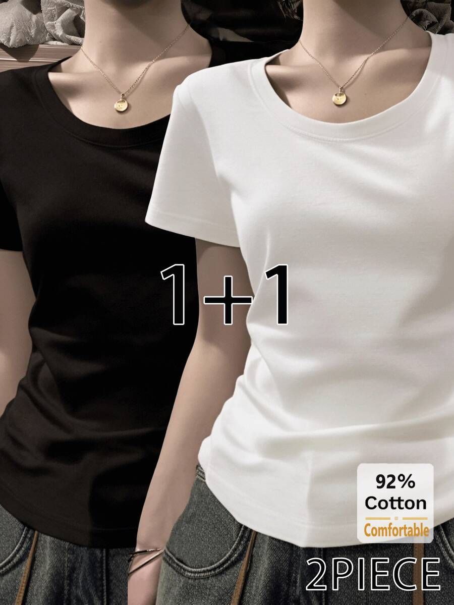 2pcs/Set Kaos Lengan Pendek Hitam + Putih Baru Musim Semi/Panas, Kaos Dalam Wanita Warna Polos Slim Fit Kasual - Putih + Hitam - View 1