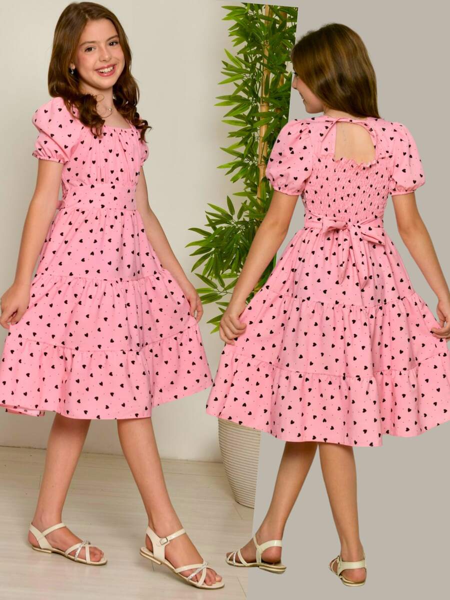 Girls' Junior Dress, Flared, Heart Print, Evangelical Style, Puff Sleeves, Defined Waist, Bow Back, Ruffle, Godet Skirt, Comfortable, Loose-Fitting, Lightweight, Delicate And Elegant Look, Suitable For Girls 10, 12, 14, And 16 Years Old, Teen Fashion, Party, Outing, Casual, Charming Look, Perfect Fit, Soft, Breathable Fabric, Secure Fit, Modern Design, Stylish Flared Dress, Elastic Back Detail, Adjustable Fit, Body-Shaped Tie, Exclusive Charm, Versatile Piece For Everyday And Special Occasions, Comfortable, Durable, High Quality, Impeccable Finish, Delicate Heart Print, Loose Fit, Natural Movement, Elegant Junior Clothing, Premium Girls' Flared Dress, Sophisticated Look, Comfortable, Lightweight, Fresh, Modern Princess Style, Highlight, Junior Wardrobe, Complete Look, Elegance, Comfort, Beauty, Practicality - 玫瑰 - 查看 1