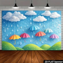 2D平面雨天主题派对背景幕布。清新雨天主题，包含悬挂的彩色雨伞、白云、雨滴、青山等元素。采用涤纶材质，无需电源，使用方便。适用于室内/室外主题活动，可用作墙面装饰或拍照背景。适用于家庭聚会、办公室活动、户外派对、影棚布置、节日礼物等。轻便易挂，防水易清洁，营造清新舒爽的氛围。 - 1 - 查看 4
