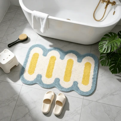 1pc Blue And Yellow Wavy Striped Doormat, Cream Striped Entryway Mat, Faux Wool Bathroom Mat, Bathroom Entrance Mat, Ins Style Living Room Corner Decor Mat. Irregular Size, 1-5cm Trimming Error, Suitable For Bathroom Entrance, Bathroom, Vanity Area, Entryway, Living Room Corner, French Vintage Style, Medieval Style Home, Luxury Style Environment, Homestay