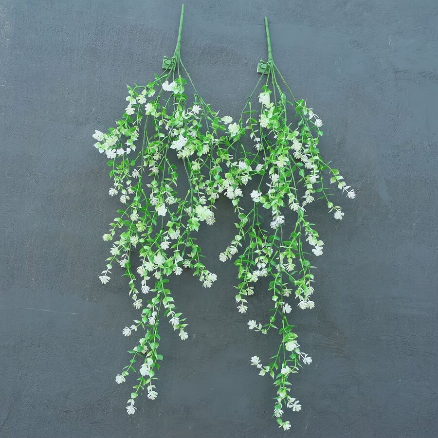 2株人造悬挂植物，仿真桉树叶藤蔓，抗紫外线塑料绿植，适用于家居、花园、婚礼、派对装饰，室内外皆宜 - 白色 - 查看 1