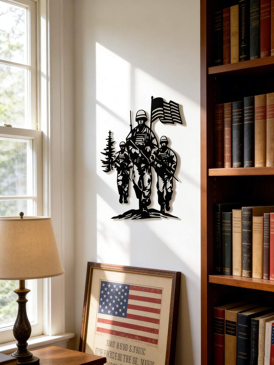 1pc Patriotic Soldier Metal Wall Decor, Black Military Silhouette Outdoor Wall Art, Suitable For Men's Cave, Patriotic Home Decor, Holiday Gift, Military Theme Gift, Metal Structure - Black - View 1