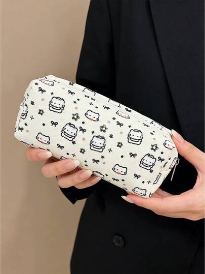 Hộp đựng bút bằng vải canvas họa tiết hoa nơ và chấm bi hình mèo hoạt hình theo phong cách Ins, dung tích lớn, thích hợp cho học sinh chuẩn bị năm học mới, nhân viên văn phòng đựng cọ trang điểm, tiện lợi mang theo.