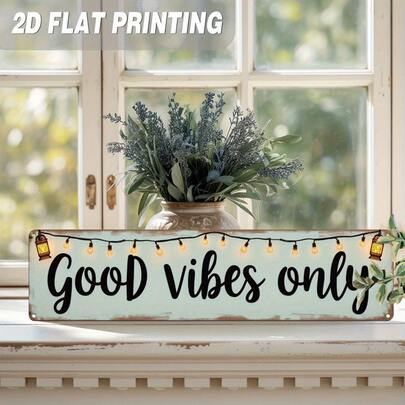 2D Flat, 1pc Vintage "Good Vibes Only" Metal Wall Decor - Retro Farmhouse Style Decor, Matte Mint Green Background, No Electricity Needed, Easy To Hang In Living Room, Bedroom, Kitchen, Office Or Entryway - Positive Energy Home Decor, Artistic Decorative Design, Handmade Appearance, Decorative Plaque, Interior Designer Exclusive, 2D Flat