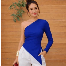 Women's One-Sleeve Blouse With Asymmetrical Ribbed Sleeves - azul real - Ver 1