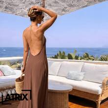 ATRIX Luxurious Long Dress With Ring And Chain Halter Neck - Rust Brown - View 2