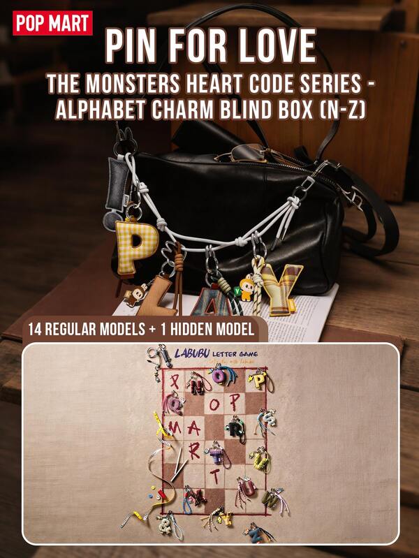 POP MART THE MONSTERS - Collection Pin For Love - Pendentif Lettre (N-Z) - Boîte Surprise - 14 Modèles Classiques + 1 Édition Secrète. Labubu dans des poses adorables pour chaque lettre. Thème << Code de l'Amour » : les émotions se transforment en symboles visuels. Chaque lettre raconte une histoire par sa couleur et sa forme. Pendentif en vinyle à collectionner. Accessoire polyvalent pour sac, sac à dos ou coque de téléphone. Cadeau idéal pour les fans de Labubu et les collectionneurs. Cadeau personnalisé avec initiales. Parfait pour un anniversaire ou toute autre occasion spéciale.