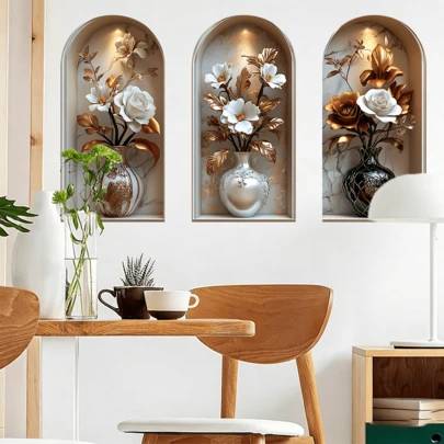 3件套，优雅花瓶花卉装饰贴纸，现代简约风格客厅卧室书房背景墙装饰，PVC自粘壁画，奢华艺术墙贴