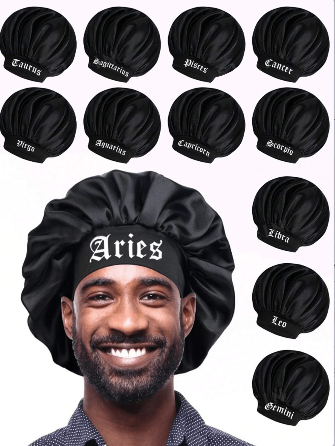 男士缎面睡眠帽（1个装） - 柔软护发帽，宽檐设计，适合夜间和日常使用，黑色底白色印花，睡眠发帽，夏季、海滩、度假适用