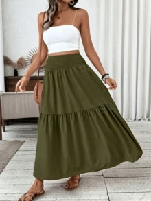 Women's Boho Ditsy Floral Print Maxi Skirt, A-Line Flowy, Ruffle Hem, Elastic High Waist, Pockets, Casual Summer Beach Vacation Long Skirt - 軍綠色 - 查看 4
