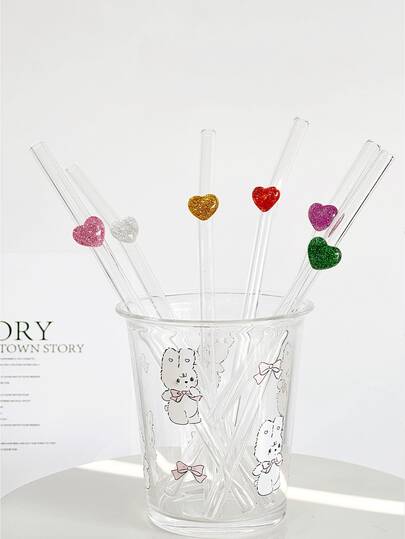 Shiny Heart-Shaped Glass Straws, Transparent Smoothie, Bubble Tea, Juice, Milk, Cocktail, Cold Drink Reusable Bent Glass Straws With Colorful Heart Decoration, Suitable For Milkshake, Milk, Tea, Juice, Cocktail, Cold Drink, Gift For Girlfriend, Dessert Shop, Soft Drink Bar, Office, Bar, Restaurant