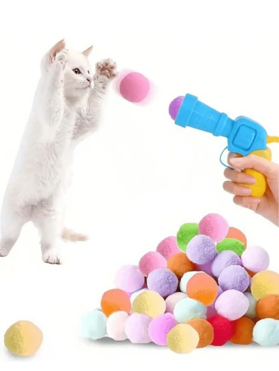 Interactive Cat Toy Set With Launcher And 20/50g Plush Balls, Suitable For Indoor Cats. This Is A Sports Cat Toy That Promotes Bonding And Trust Between Owners And Cats. Color Is Random.
