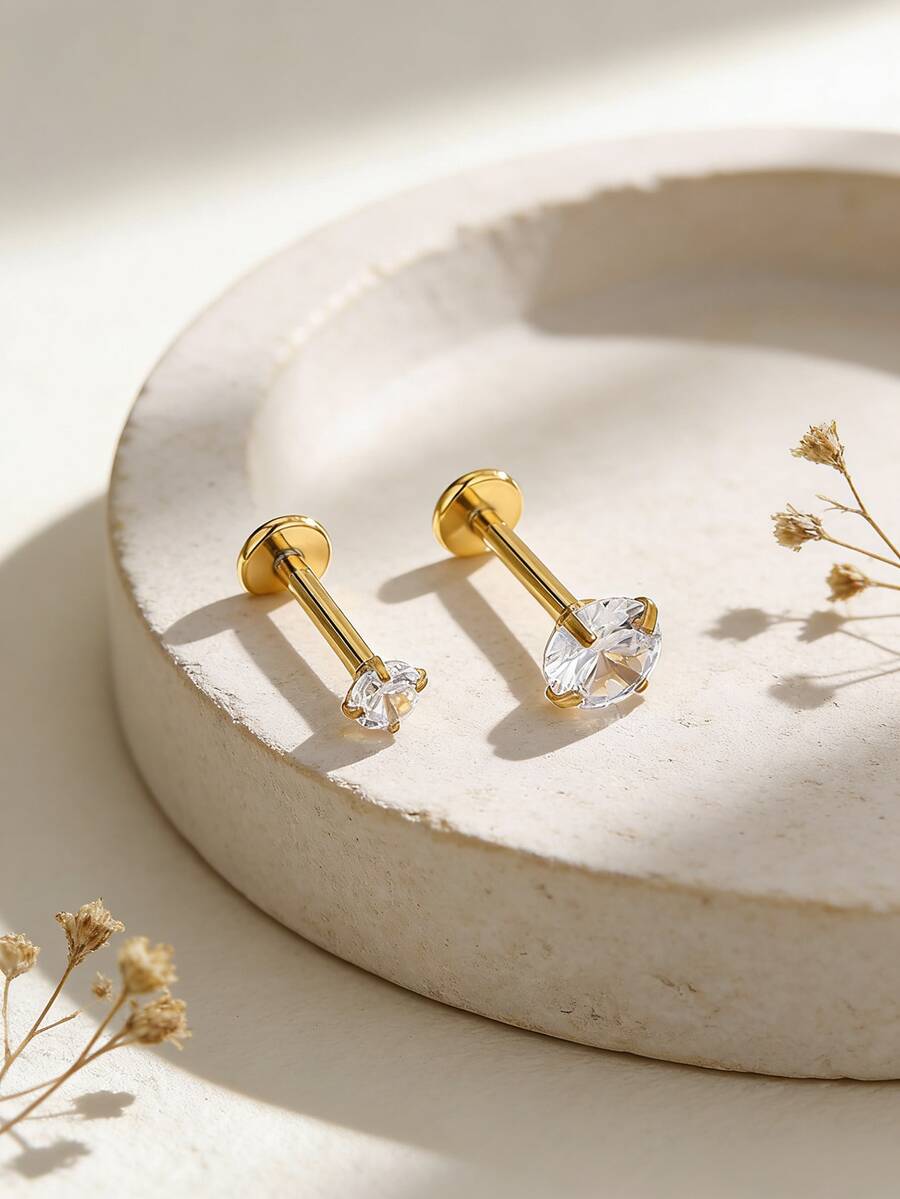 2 chiếc khuyên môi nữ kiểu dáng tối giản, đính đá Cubic Zirconia hình tròn, phù hợp để đeo hàng ngày, dự tiệc và tạo phong cách cá tính riêng. - 2 miếng - Xem 1