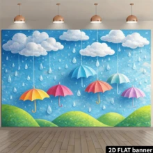 2D平面雨天主题派对背景幕布。清新雨天主题，包含悬挂的彩色雨伞、白云、雨滴、青山等元素。采用涤纶材质，无需电源，使用方便。适用于室内/室外主题活动，可用作墙面装饰或拍照背景。适用于家庭聚会、办公室活动、户外派对、影棚布置、节日礼物等。轻便易挂，防水易清洁，营造清新舒爽的氛围。 - 1 - 查看 2