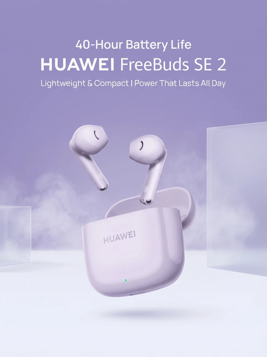 FreeBuds SE 2 Bluetooth Earbuds Feature A Lightweight Design And A Long Battery Life Of Up To 40 Hours. Bluetooth 5.3 Offers Low Latency, Making Them Suitable For Various Scenarios Including Commuting, Exercise, And Studying. Available In Taro Purple.