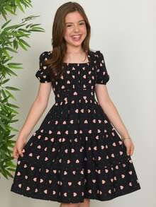 Girls' Junior Dress, Flared, Heart Print, Evangelical Style, Puff Sleeves, Defined Waist, Bow Back, Ruffle, Godet Skirt, Comfortable, Loose-Fitting, Lightweight, Delicate And Elegant Look, Suitable For Girls 10, 12, 14, And 16 Years Old, Teen Fashion, Party, Outing, Casual, Charming Look, Perfect Fit, Soft, Breathable Fabric, Secure Fit, Modern Design, Stylish Flared Dress, Elastic Back Detail, Adjustable Fit, Body-Shaped Tie, Exclusive Charm, Versatile Piece For Everyday And Special Occasions, Comfortable, Durable, High Quality, Impeccable Finish, Delicate Heart Print, Loose Fit, Natural Movement, Elegant Junior Clothing, Premium Girls' Flared Dress, Sophisticated Look, Comfortable, Lightweight, Fresh, Modern Princess Style, Highlight, Junior Wardrobe, Complete Look, Elegance, Comfort, Beauty, Practicality - 黑色 - 查看 2