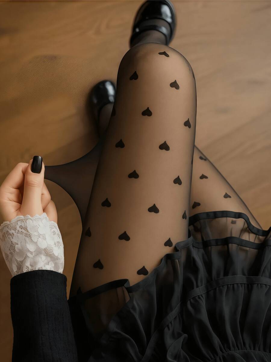 1 Pair Women's Retro Heart-Shaped Pantyhose - Black - View 1